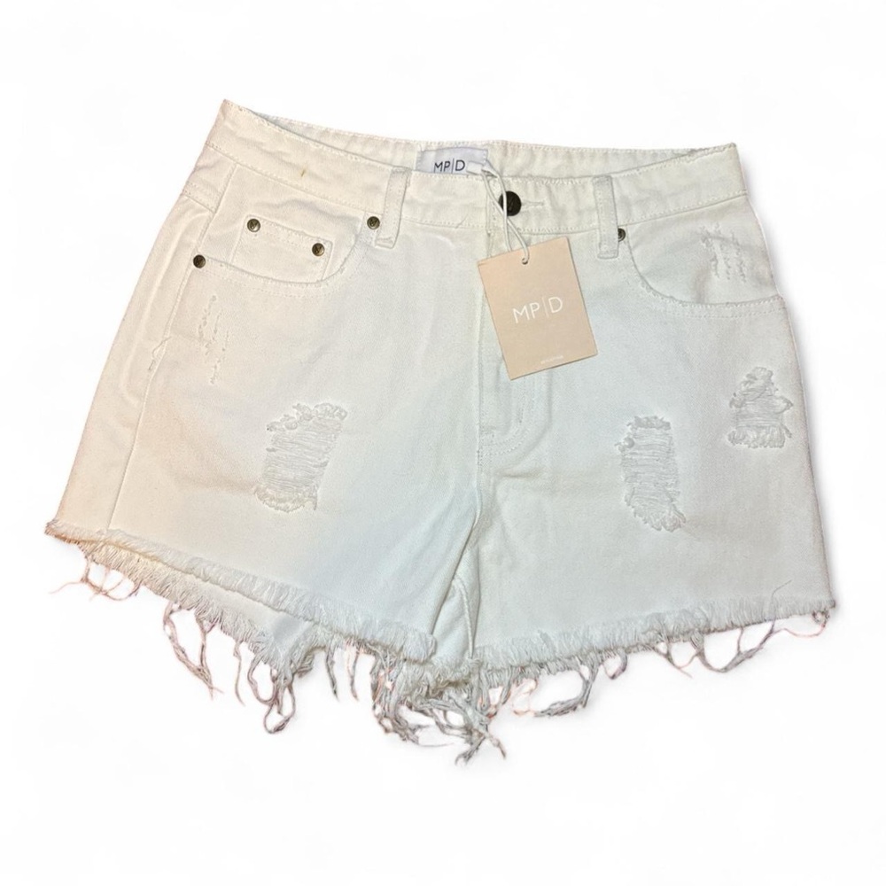 NWT MINKPINK x MP|D Trash Micro Distressed  White High-Rise Denim Short — SMALL